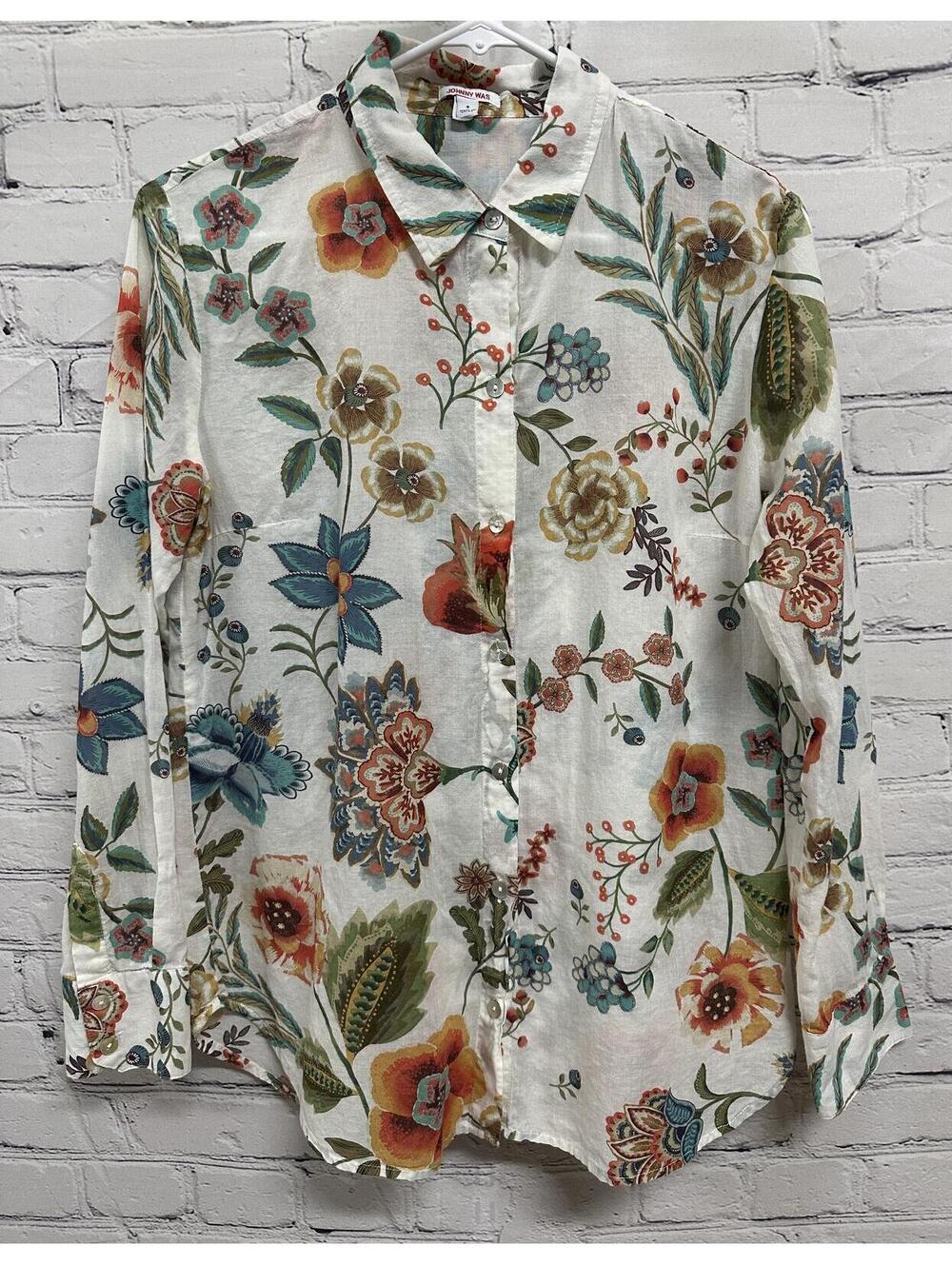 Johnny Was Ekru Ardell Boho blouse w/ multicolor floral print button-down sz S